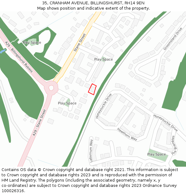 35, CRANHAM AVENUE, BILLINGSHURST, RH14 9EN: Location map and indicative extent of plot