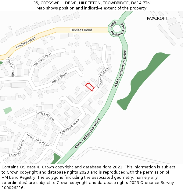 35, CRESSWELL DRIVE, HILPERTON, TROWBRIDGE, BA14 7TN: Location map and indicative extent of plot