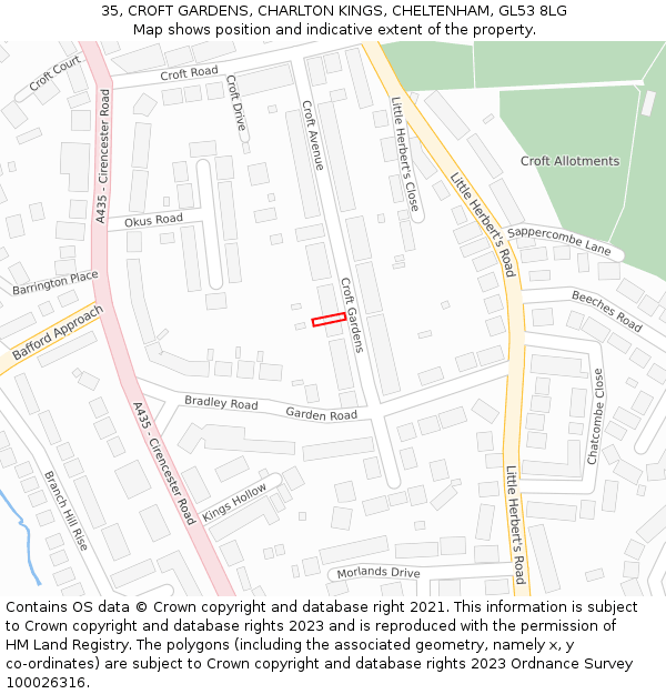 35, CROFT GARDENS, CHARLTON KINGS, CHELTENHAM, GL53 8LG: Location map and indicative extent of plot