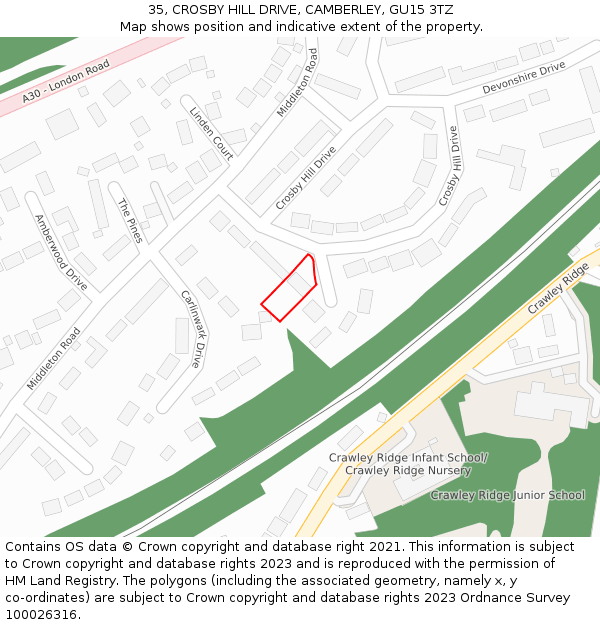 35, CROSBY HILL DRIVE, CAMBERLEY, GU15 3TZ: Location map and indicative extent of plot