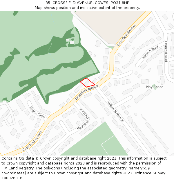 35, CROSSFIELD AVENUE, COWES, PO31 8HP: Location map and indicative extent of plot