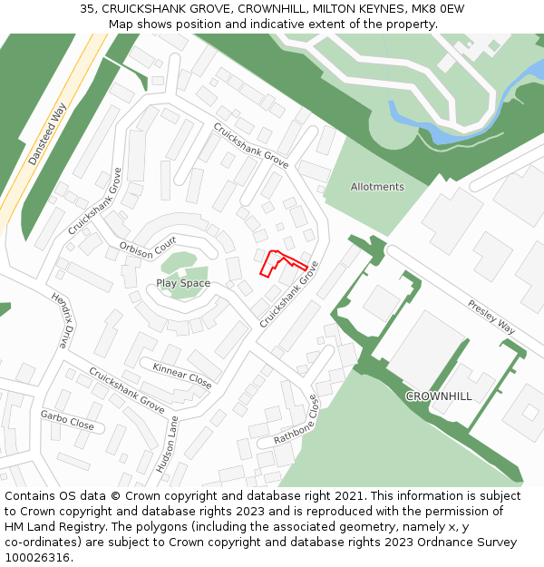 35, CRUICKSHANK GROVE, CROWNHILL, MILTON KEYNES, MK8 0EW: Location map and indicative extent of plot