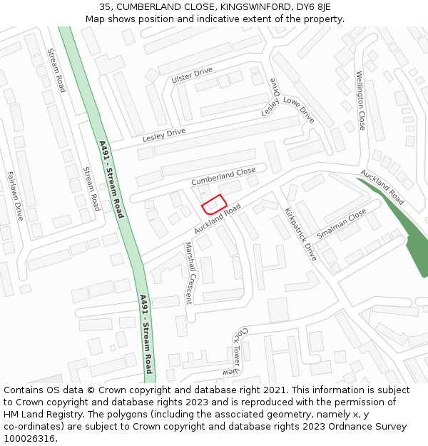 35, CUMBERLAND CLOSE, KINGSWINFORD, DY6 8JE: Location map and indicative extent of plot