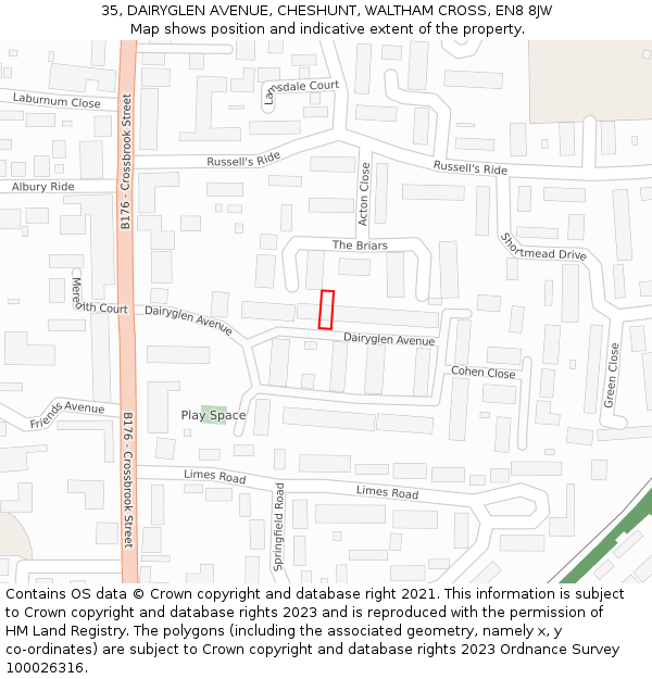 35, DAIRYGLEN AVENUE, CHESHUNT, WALTHAM CROSS, EN8 8JW: Location map and indicative extent of plot