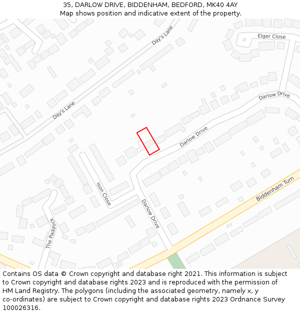 35, DARLOW DRIVE, BIDDENHAM, BEDFORD, MK40 4AY: Location map and indicative extent of plot