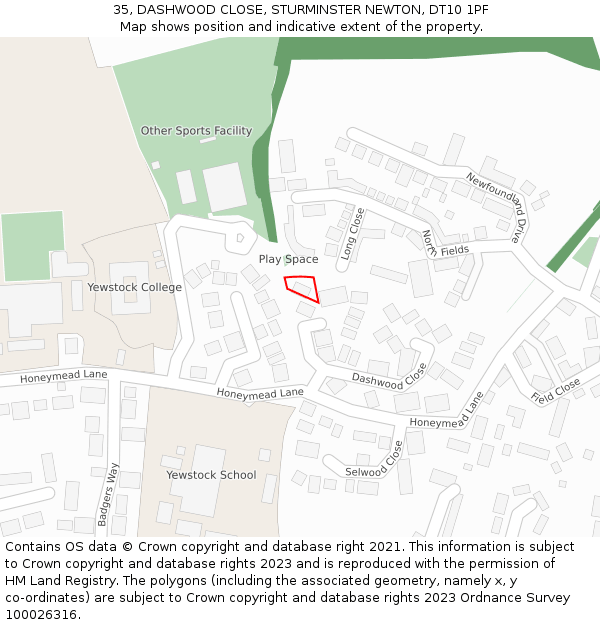 35, DASHWOOD CLOSE, STURMINSTER NEWTON, DT10 1PF: Location map and indicative extent of plot