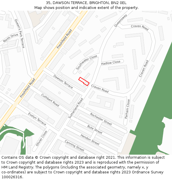 35, DAWSON TERRACE, BRIGHTON, BN2 0EL: Location map and indicative extent of plot