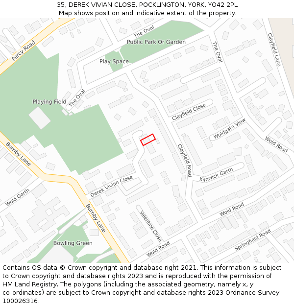 35, DEREK VIVIAN CLOSE, POCKLINGTON, YORK, YO42 2PL: Location map and indicative extent of plot