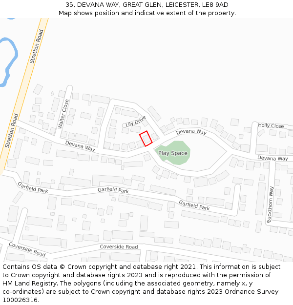 35, DEVANA WAY, GREAT GLEN, LEICESTER, LE8 9AD: Location map and indicative extent of plot