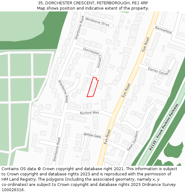 35, DORCHESTER CRESCENT, PETERBOROUGH, PE1 4RP: Location map and indicative extent of plot