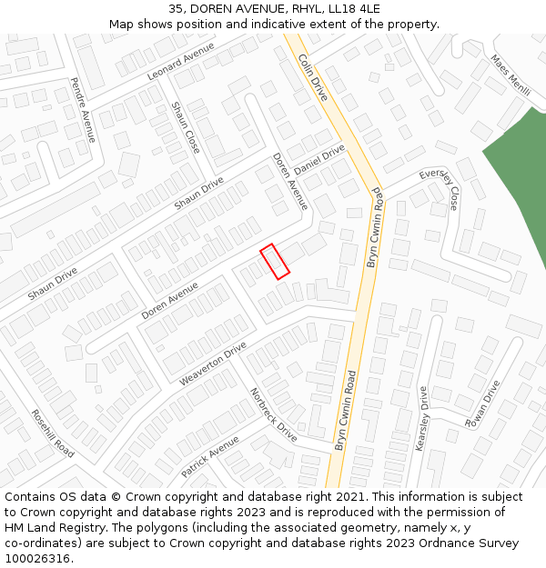 35, DOREN AVENUE, RHYL, LL18 4LE: Location map and indicative extent of plot