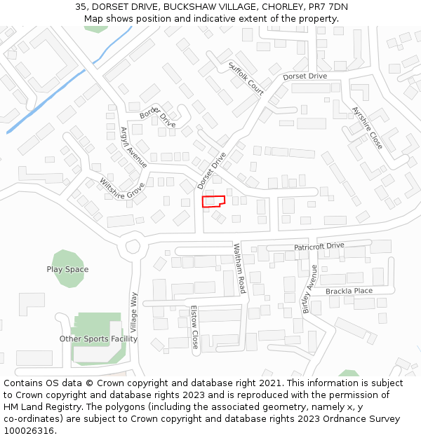 35, DORSET DRIVE, BUCKSHAW VILLAGE, CHORLEY, PR7 7DN: Location map and indicative extent of plot