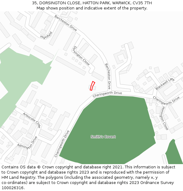 35, DORSINGTON CLOSE, HATTON PARK, WARWICK, CV35 7TH: Location map and indicative extent of plot