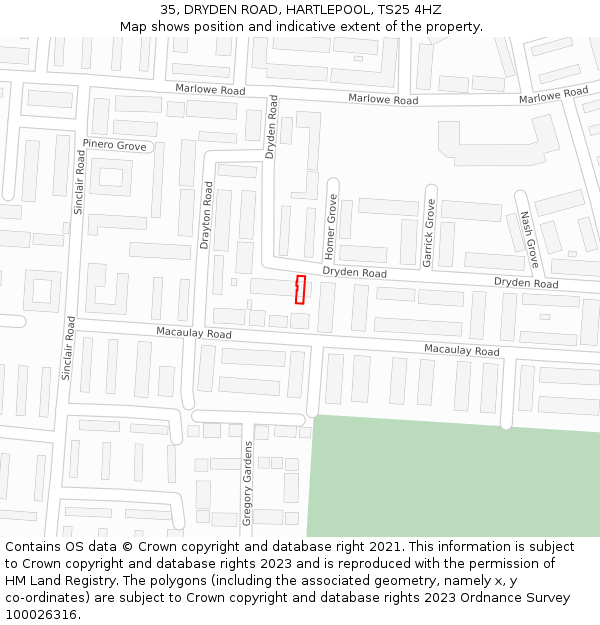 35, DRYDEN ROAD, HARTLEPOOL, TS25 4HZ: Location map and indicative extent of plot