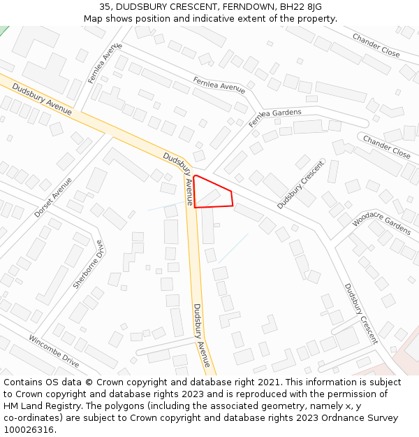 35, DUDSBURY CRESCENT, FERNDOWN, BH22 8JG: Location map and indicative extent of plot