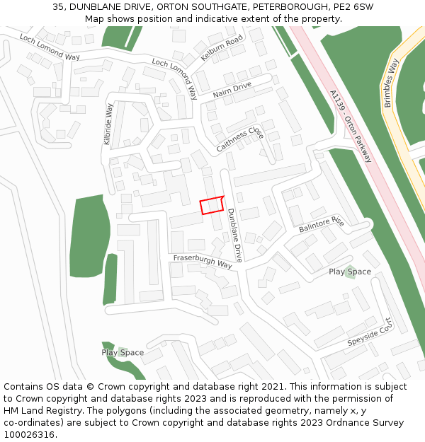 35, DUNBLANE DRIVE, ORTON SOUTHGATE, PETERBOROUGH, PE2 6SW: Location map and indicative extent of plot