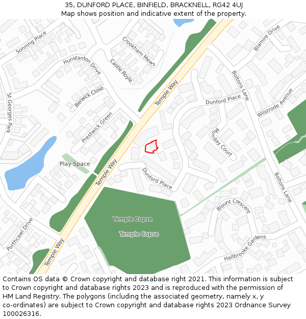 35, DUNFORD PLACE, BINFIELD, BRACKNELL, RG42 4UJ: Location map and indicative extent of plot