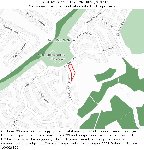 35, DURHAM DRIVE, STOKE-ON-TRENT, ST3 4TG: Location map and indicative extent of plot