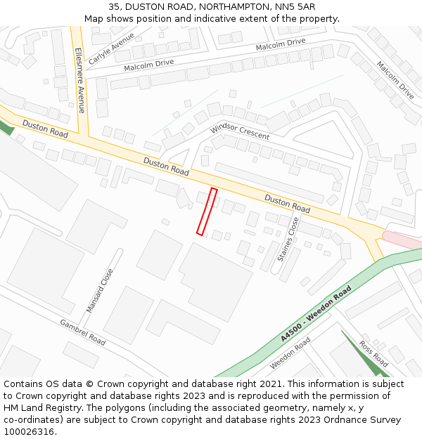 35, DUSTON ROAD, NORTHAMPTON, NN5 5AR: Location map and indicative extent of plot