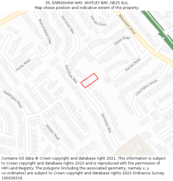 35, EARNSHAW WAY, WHITLEY BAY, NE25 9UL: Location map and indicative extent of plot