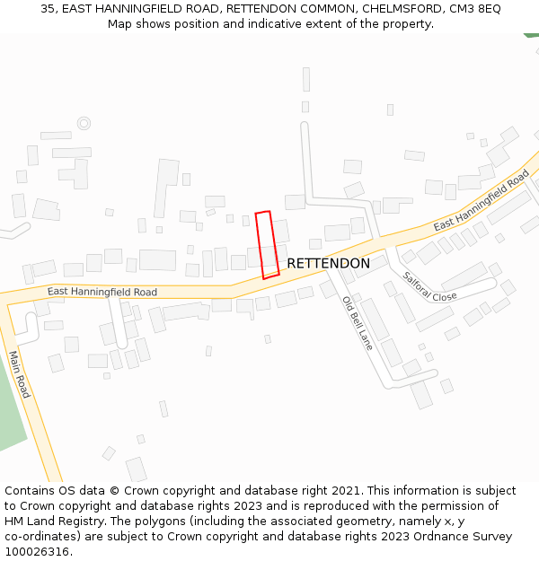 35, EAST HANNINGFIELD ROAD, RETTENDON COMMON, CHELMSFORD, CM3 8EQ: Location map and indicative extent of plot
