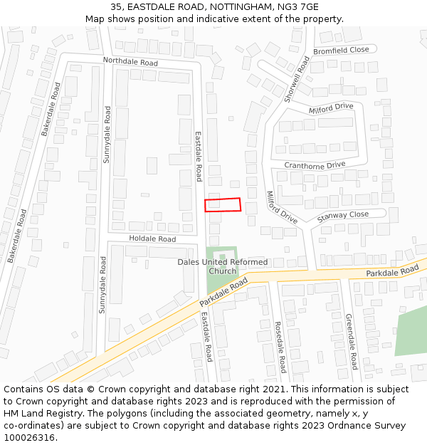 35, EASTDALE ROAD, NOTTINGHAM, NG3 7GE: Location map and indicative extent of plot