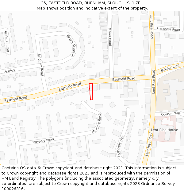 35, EASTFIELD ROAD, BURNHAM, SLOUGH, SL1 7EH: Location map and indicative extent of plot