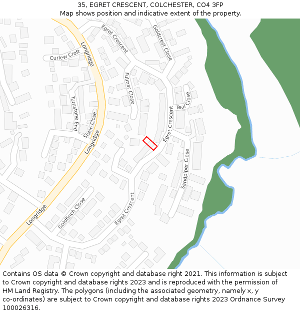 35, EGRET CRESCENT, COLCHESTER, CO4 3FP: Location map and indicative extent of plot