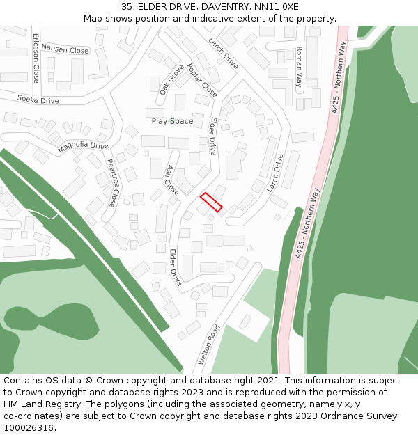 35, ELDER DRIVE, DAVENTRY, NN11 0XE: Location map and indicative extent of plot