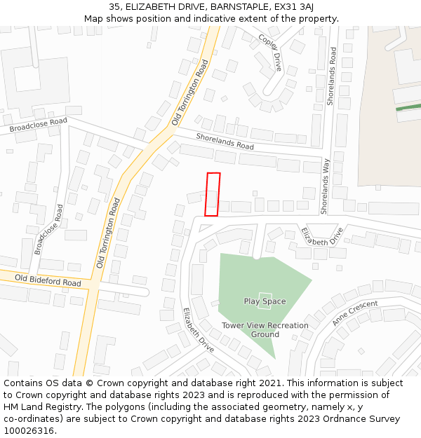 35, ELIZABETH DRIVE, BARNSTAPLE, EX31 3AJ: Location map and indicative extent of plot