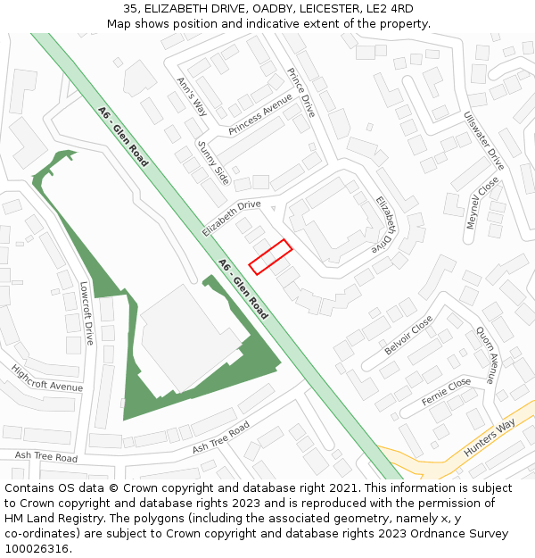 35, ELIZABETH DRIVE, OADBY, LEICESTER, LE2 4RD: Location map and indicative extent of plot