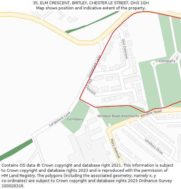 35, ELM CRESCENT, BIRTLEY, CHESTER LE STREET, DH3 1GH: Location map and indicative extent of plot