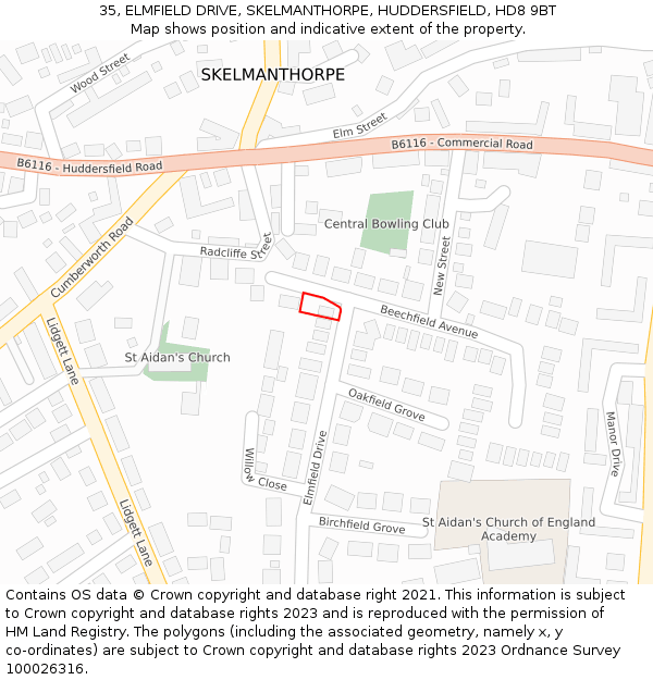 35, ELMFIELD DRIVE, SKELMANTHORPE, HUDDERSFIELD, HD8 9BT: Location map and indicative extent of plot