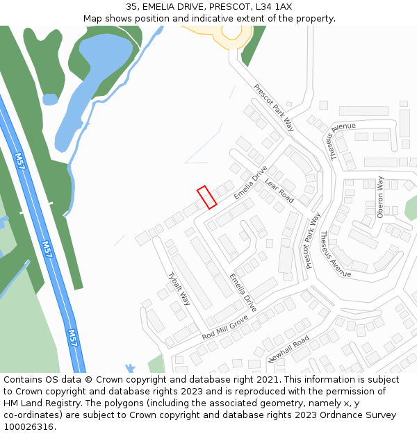 35, EMELIA DRIVE, PRESCOT, L34 1AX: Location map and indicative extent of plot