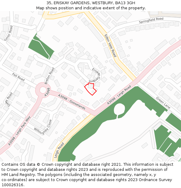 35, ERISKAY GARDENS, WESTBURY, BA13 3GH: Location map and indicative extent of plot