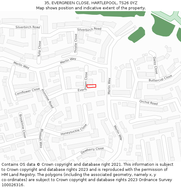 35, EVERGREEN CLOSE, HARTLEPOOL, TS26 0YZ: Location map and indicative extent of plot