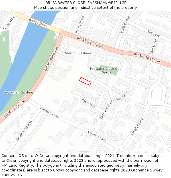 35, FAIRWATER CLOSE, EVESHAM, WR11 1GF: Location map and indicative extent of plot