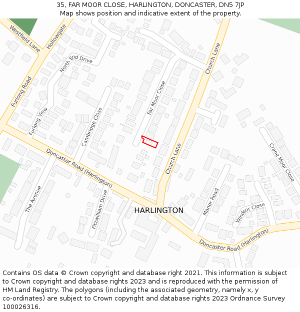 35, FAR MOOR CLOSE, HARLINGTON, DONCASTER, DN5 7JP: Location map and indicative extent of plot