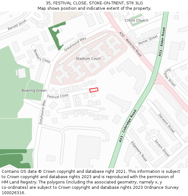 35, FESTIVAL CLOSE, STOKE-ON-TRENT, ST6 3LG: Location map and indicative extent of plot