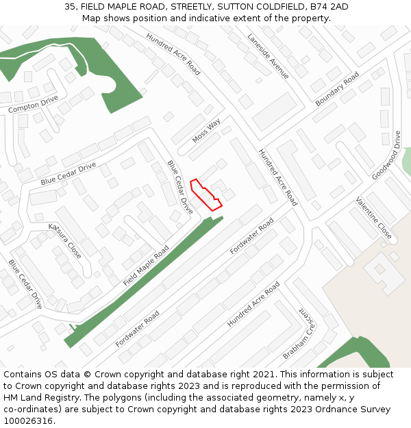 35, FIELD MAPLE ROAD, STREETLY, SUTTON COLDFIELD, B74 2AD: Location map and indicative extent of plot