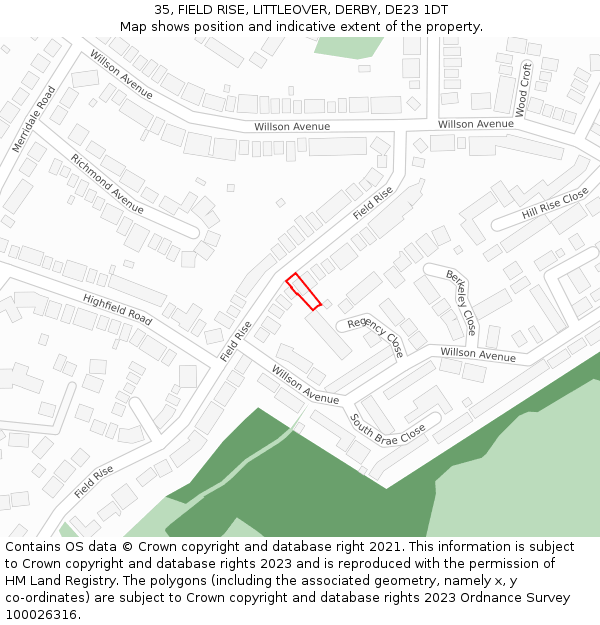 35, FIELD RISE, LITTLEOVER, DERBY, DE23 1DT: Location map and indicative extent of plot