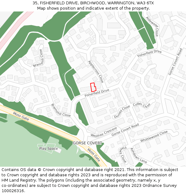 35, FISHERFIELD DRIVE, BIRCHWOOD, WARRINGTON, WA3 6TX: Location map and indicative extent of plot