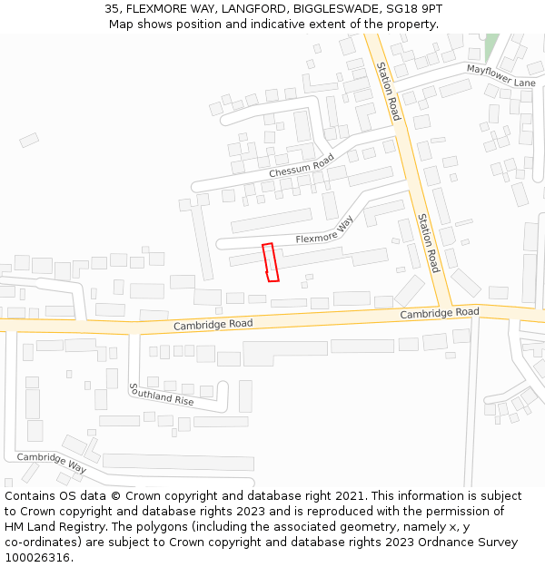 35, FLEXMORE WAY, LANGFORD, BIGGLESWADE, SG18 9PT: Location map and indicative extent of plot