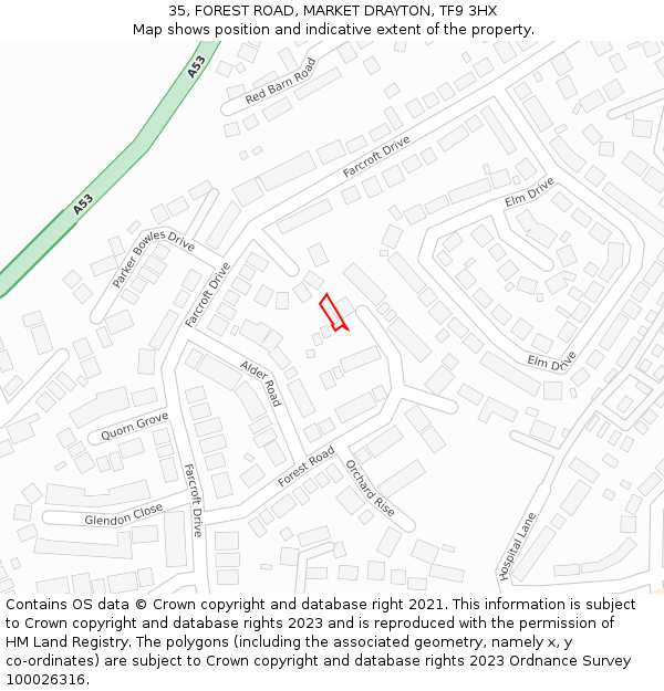 35, FOREST ROAD, MARKET DRAYTON, TF9 3HX: Location map and indicative extent of plot