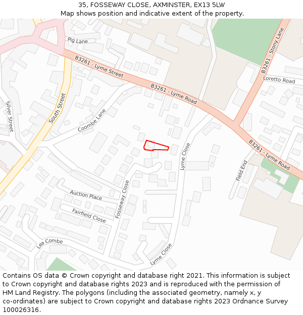 35, FOSSEWAY CLOSE, AXMINSTER, EX13 5LW: Location map and indicative extent of plot