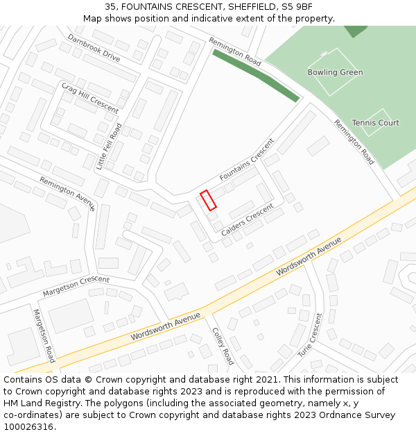 35, FOUNTAINS CRESCENT, SHEFFIELD, S5 9BF: Location map and indicative extent of plot