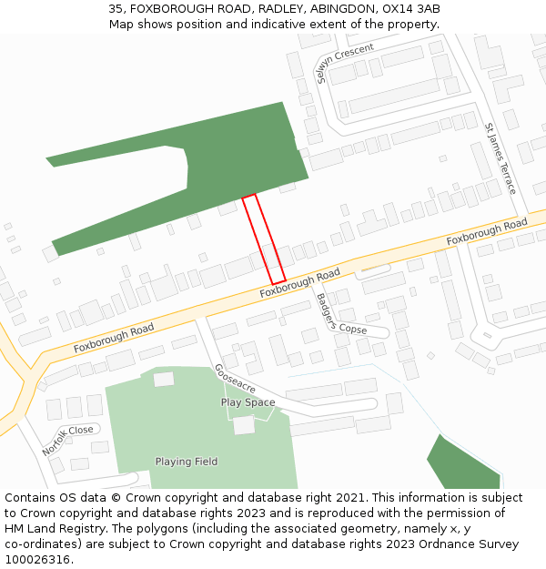 35, FOXBOROUGH ROAD, RADLEY, ABINGDON, OX14 3AB: Location map and indicative extent of plot