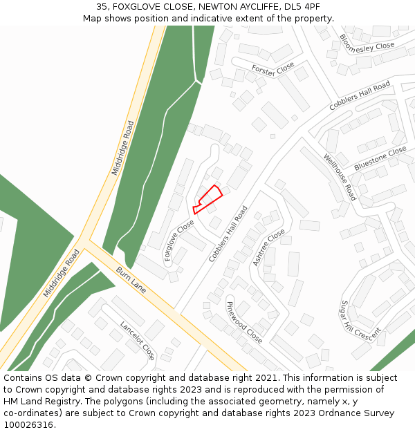 35, FOXGLOVE CLOSE, NEWTON AYCLIFFE, DL5 4PF: Location map and indicative extent of plot