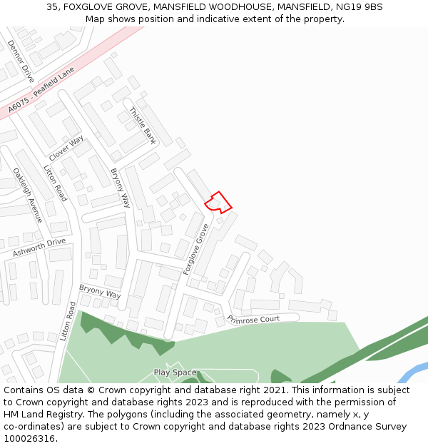 35, FOXGLOVE GROVE, MANSFIELD WOODHOUSE, MANSFIELD, NG19 9BS: Location map and indicative extent of plot