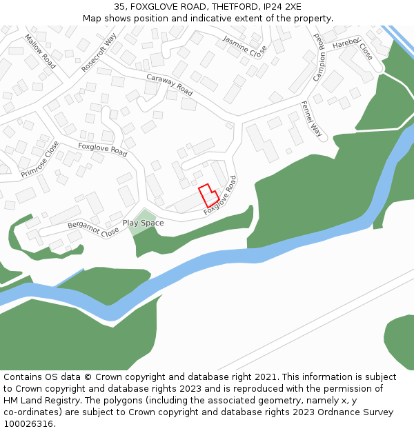 35, FOXGLOVE ROAD, THETFORD, IP24 2XE: Location map and indicative extent of plot